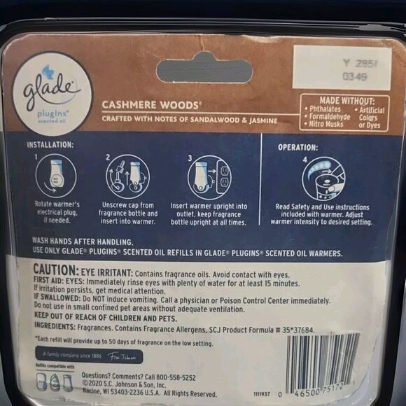Glade Plugins Refills, Cashmere Woods, 2.01oz 3ct Scented Essential Oils - Picture 2 of 2